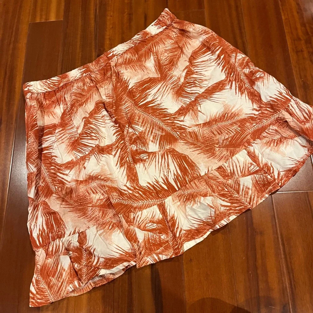 ROXY Mini Skirt Ruffle Cover Up‎ Palm Leaf Tropical Print Ruffle Pull On New XL
